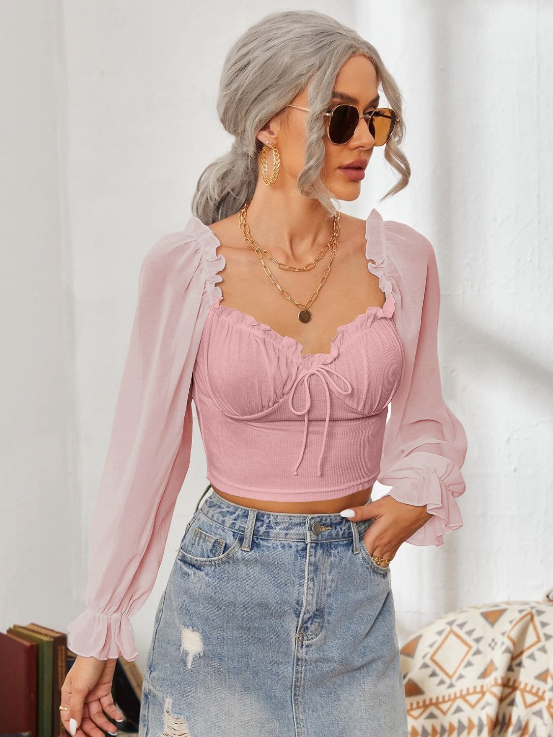 Mesh Sweetheart Neck Flounce Sleeve Top - Ladyez
