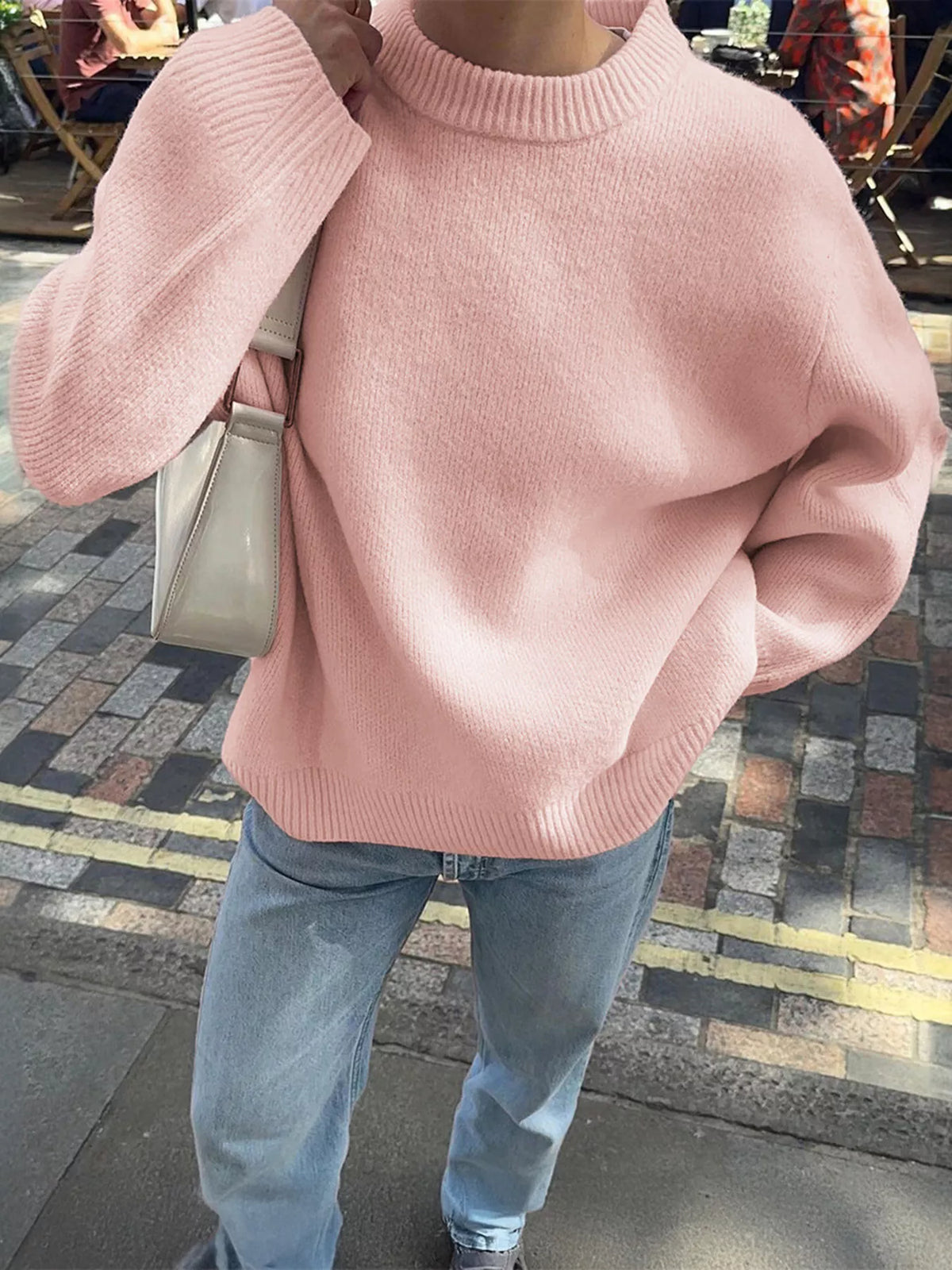 Ribbed Round Neck Dropped Shoulder Sweater