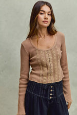 SO ME Vintage Washed Lace Crop Thermal Washed Knit Top