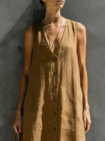Full Size Sleeveless V-Neck Button-Down Linen Maxi Dress Plus Size