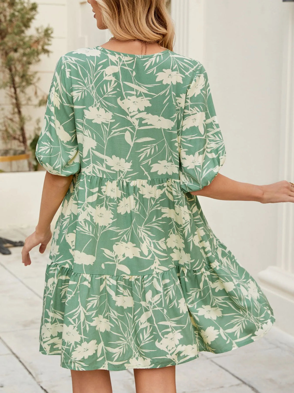 Printed V-Neck Ruffle Hem Mini Dress