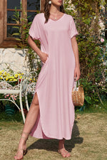 Slit Pocketed V-Neck Short Sleeve Dress - Ladyez