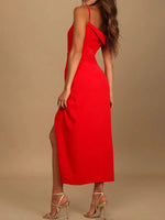 Split Asymmetrical Neck Midi Dress - Ladyez