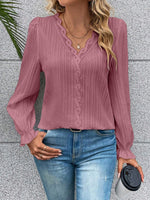 V-Neck Lace Detail Flounce Sleeve Blouse - Ladyez