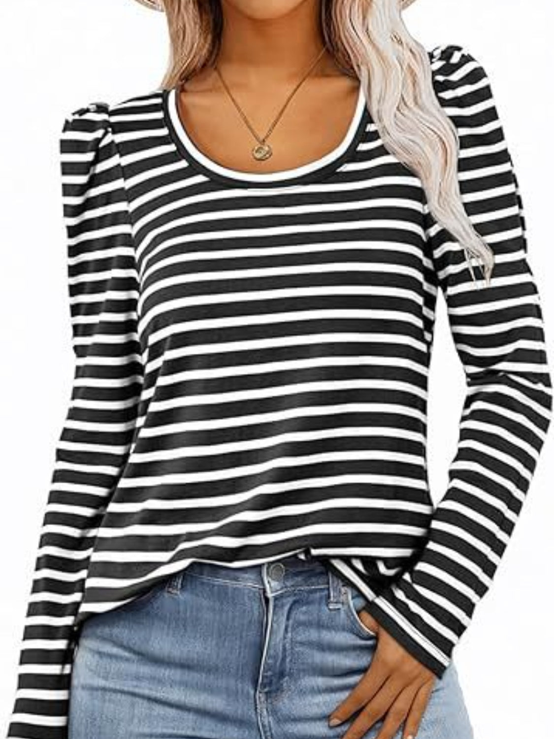 Striped Round Neck Long Sleeve T-Shirt - Ladyez