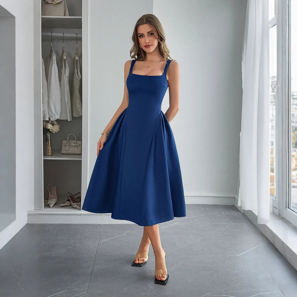 Square Neck Wide Strap Midi Dress - Ladyez
