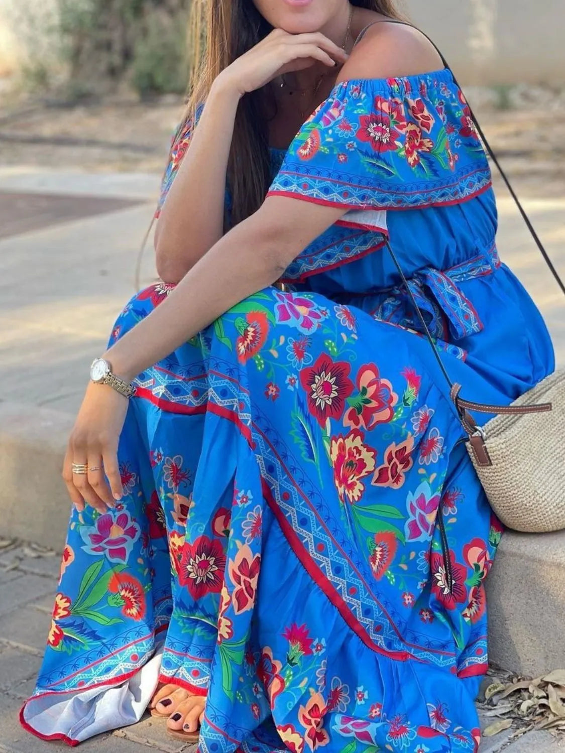 Floral Off Shoulder Ruffle Maxi Dress - Ladyez