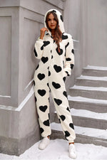 Fuzzy Heart Zip Up Hooded Lounge Jumpsuit - Ladyez