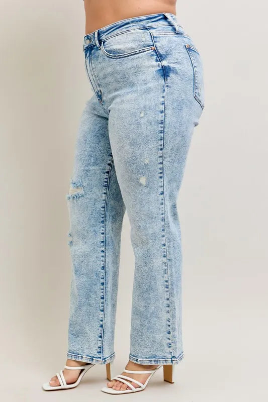 Judy Blue Full Size Hw Mineral Wash Destroy 90's Straight Jeans Plus Size - Ladyez
