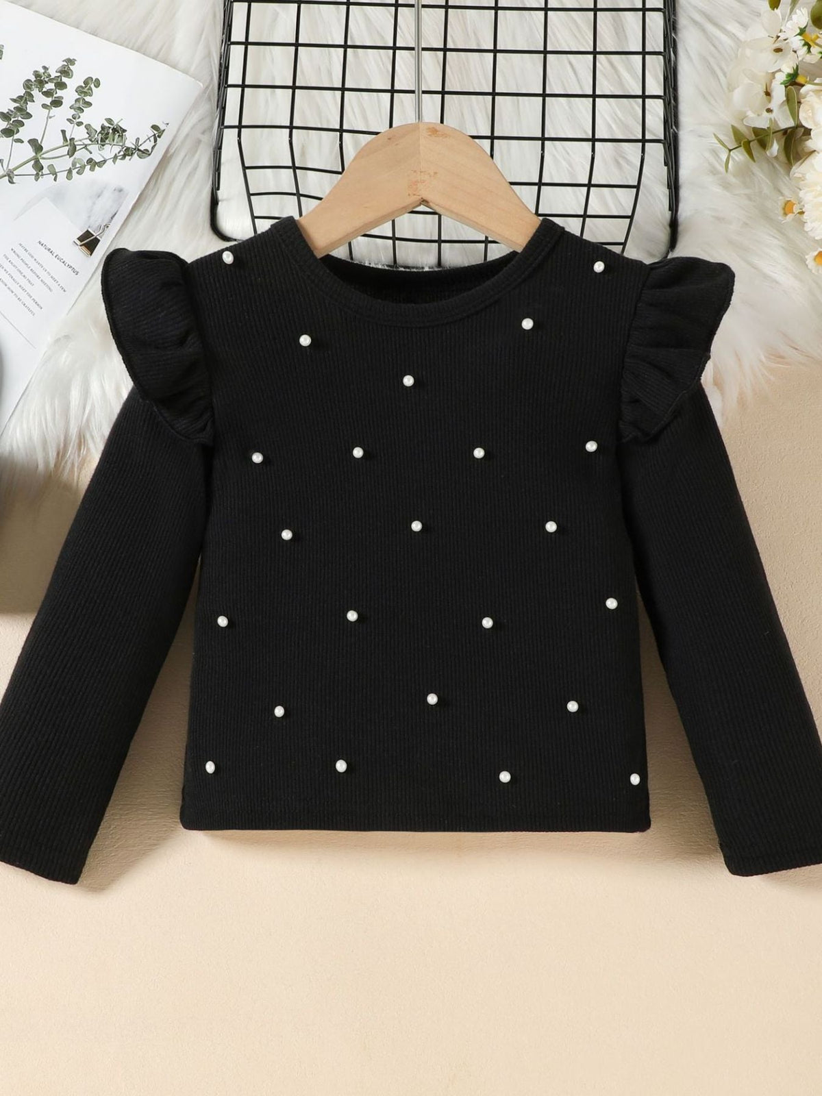 Children's Ruffle Trim Top & Faux Leather Pleated Skirt Set