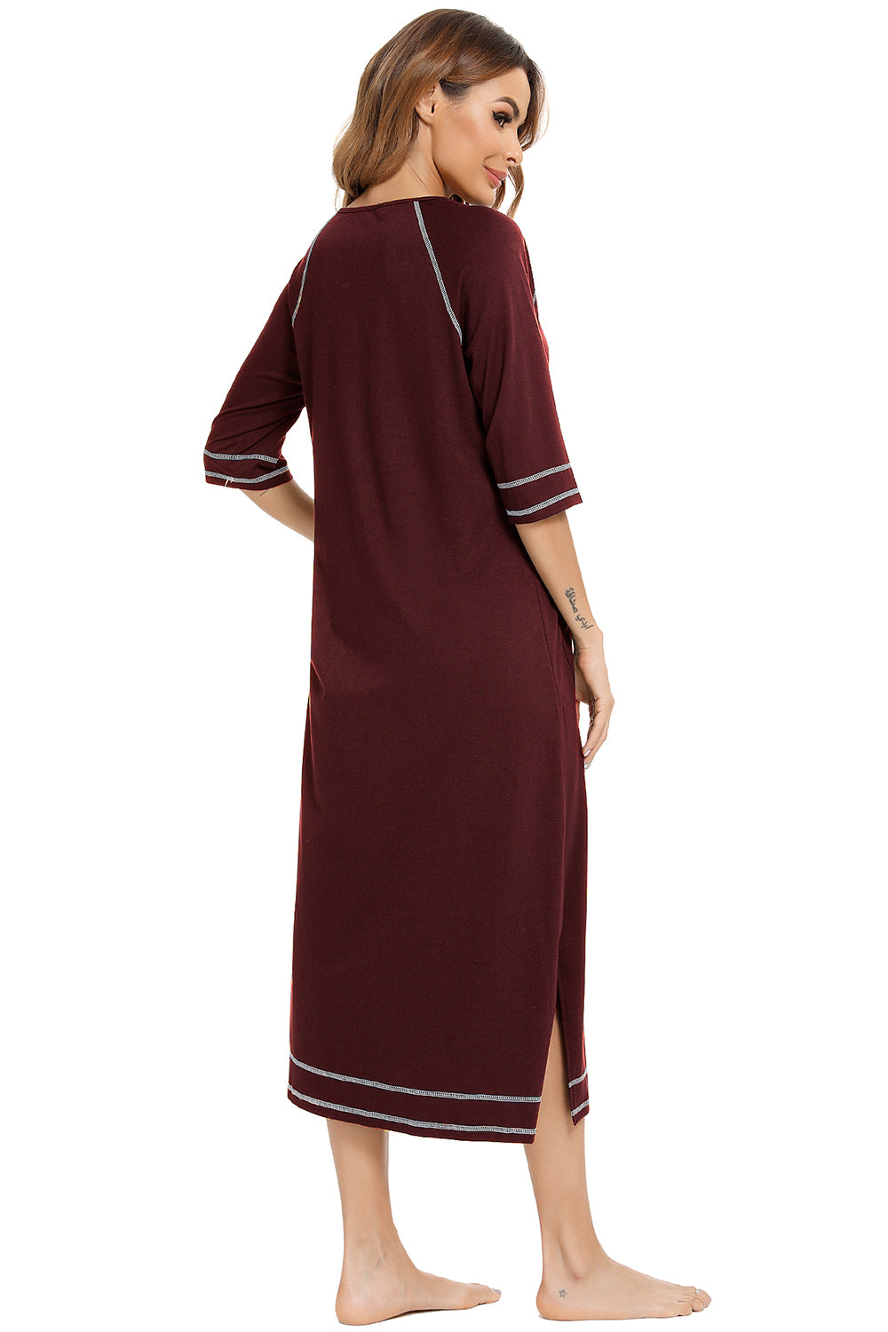 Zip Up Slit Round Neck Night Dress with Pockets - Ladyez