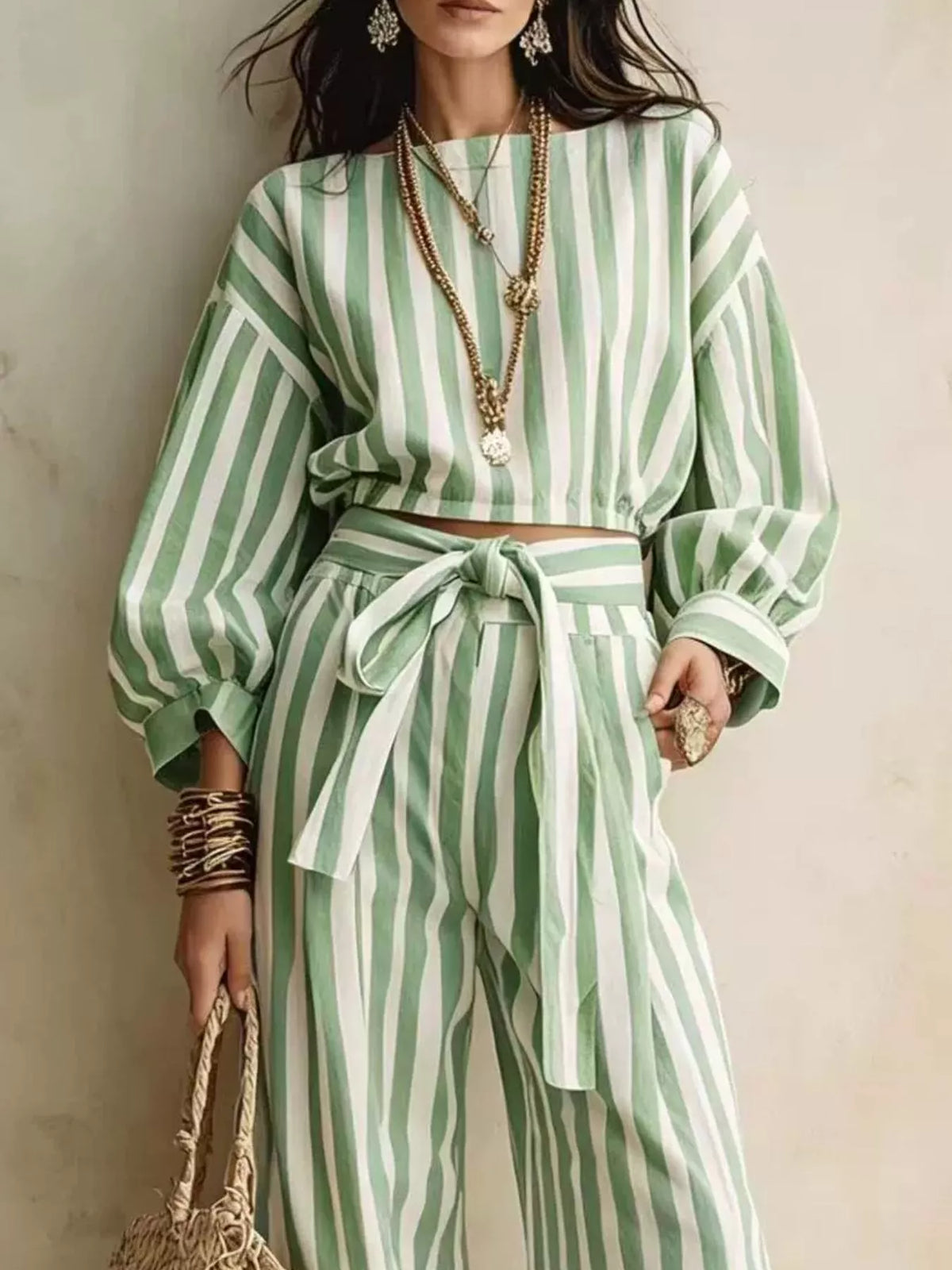 Striped Long Sleeve Top and Pants Two-Piece Set