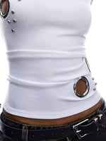 Ribbed Tank Top with Metal Grommet Cutouts and Stud Embellishments
