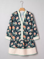 Floral Print Striped Trim V Neck Long Sleeve Ruffle Hem Shift Mini Dress