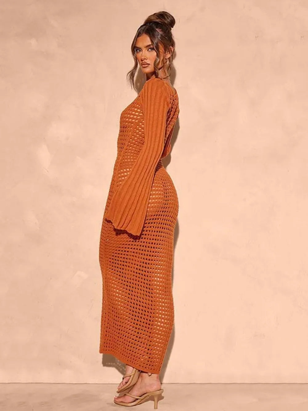Openwork Square Neck Flare Sleeve Cover-Up Dress - Ladyez