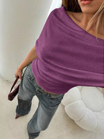 Off-Shoulder Ruched Knit T-Shirt