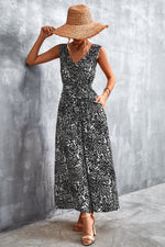 Printed V-Neck Tie Waist Maxi Dress - Ladyez