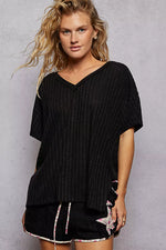 POL Ribbed Knit V-Neck Short Sleeve T-Shirt