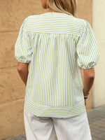 Striped Notched Puff Sleeve Blouse