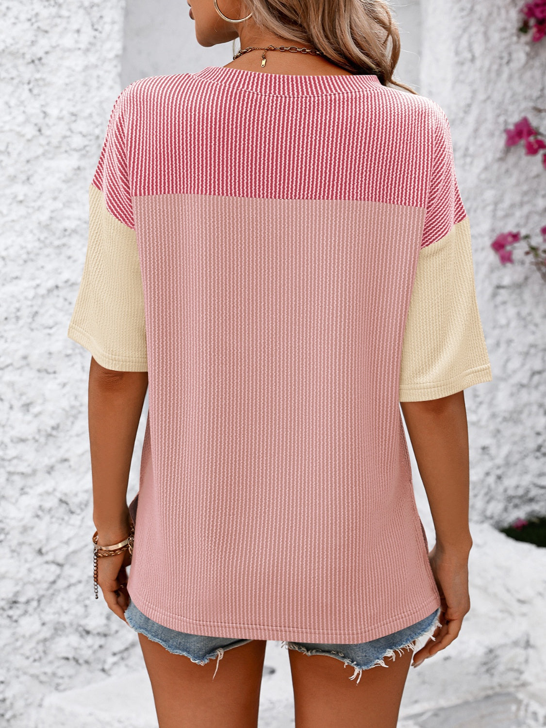 Mandy Color Block Round Neck Half Sleeve T-Shirt - Ladyez