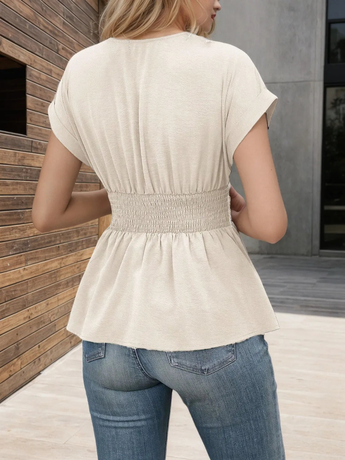 Surplice Short Sleeve Blouse - Ladyez