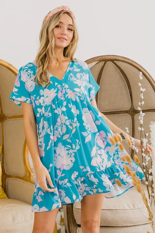 BiBi Floral Crinkle Shirred Ruffle Detail V Neck Dress