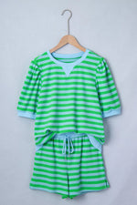 Stripe Colorblock Detail Puff Sleeve Top Drawstring Shorts 2pcs Outfit