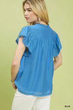 Umgee Flutter Sleeve Relaxed Top with Trim Detail