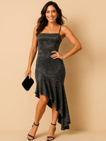 Asymmetrical Velvet Cami Dress with Ruffle Hem - Ladyez