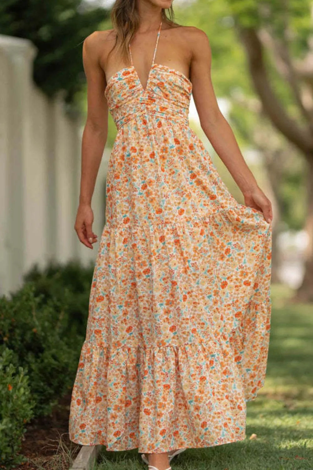 Tiered Halter Neck Printed Cami Dress - Ladyez