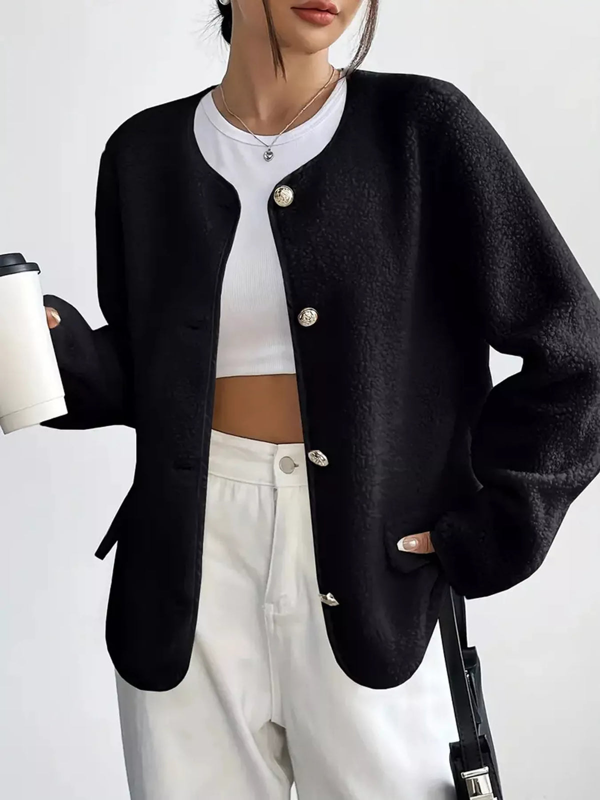 Full Size Textured Button-Up Fleece Outerwear Plus Size