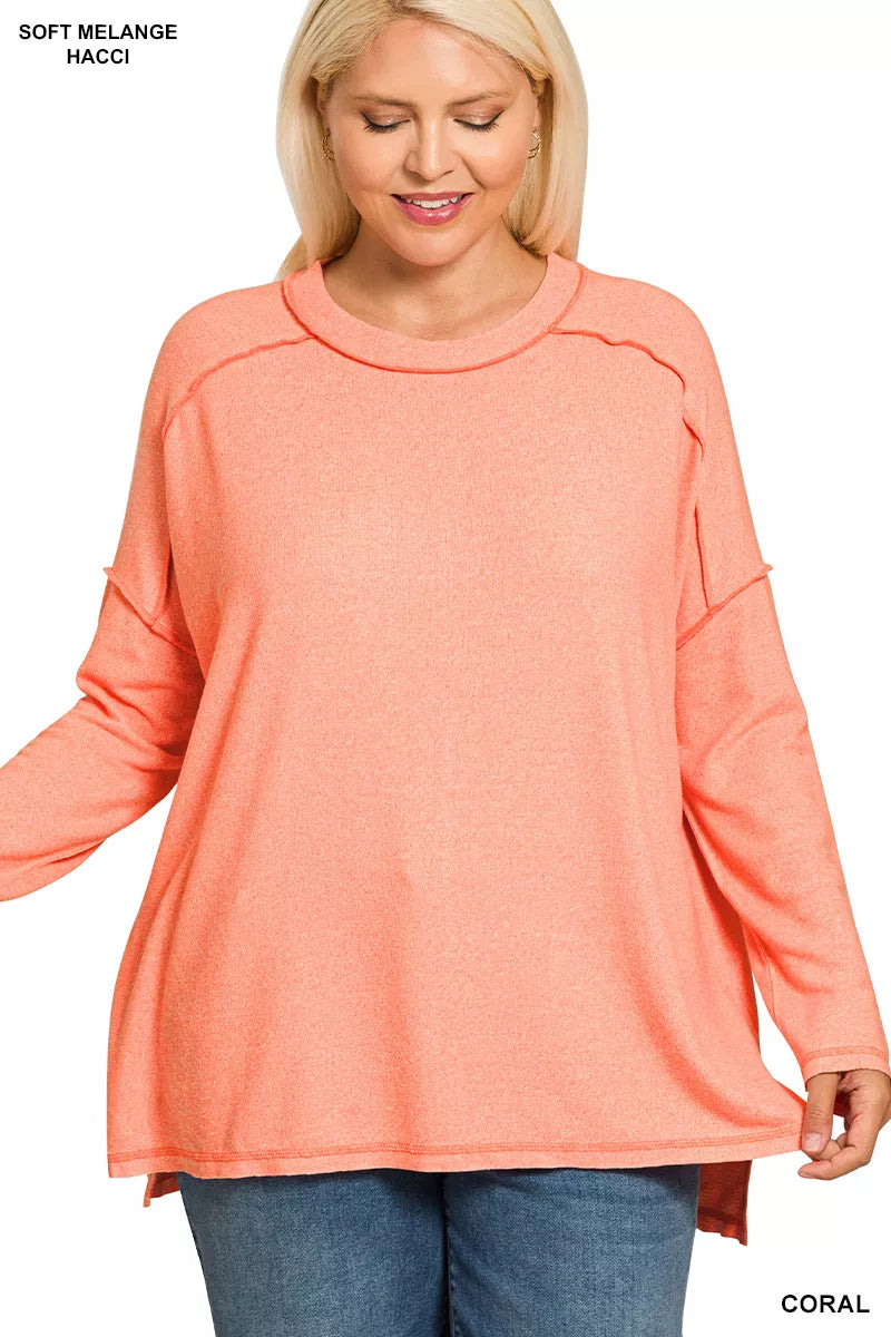 Zenana Full Size Melange Hacci Exposed Seam Hi-low Tee Plus Size