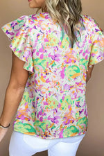 Abstract Printed Ruffled Short Sleeve Notched Neck Blouse