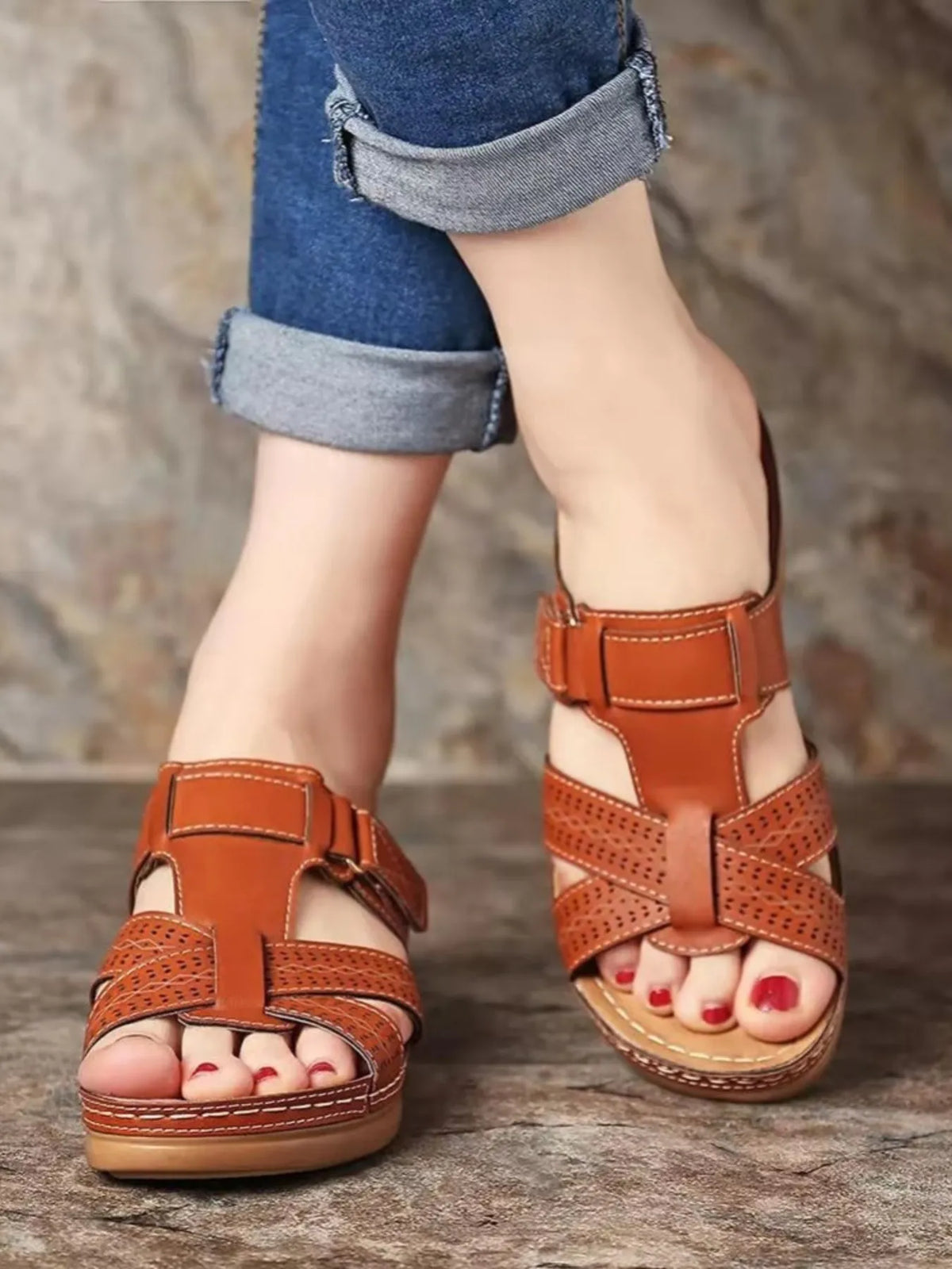 Cutout Leather Wedge Sandals
