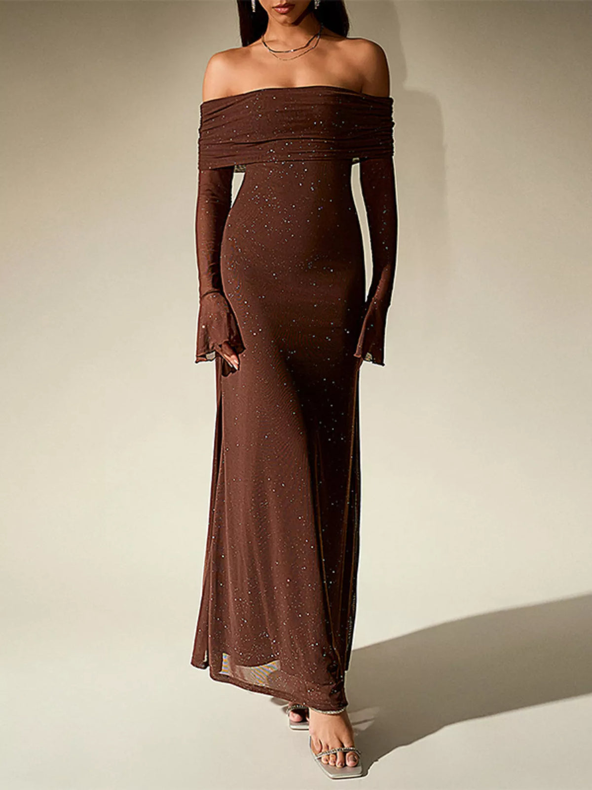 Glitter Off-Shoulder Maxi Dress