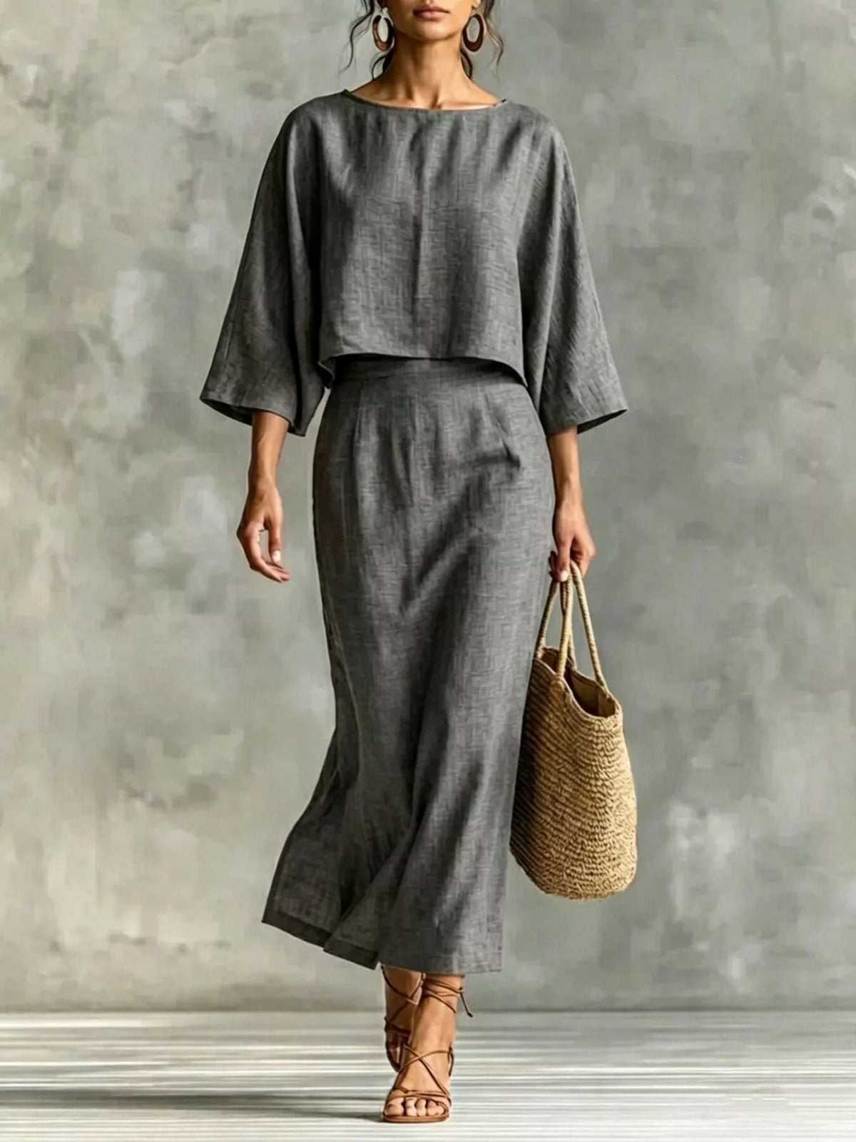 Full Size Solid Color Cropped Top and Midi Skirt Set Plus Size