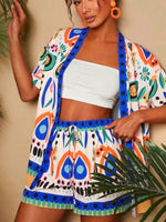 Printed Open Front Cardigan and Shorts Set