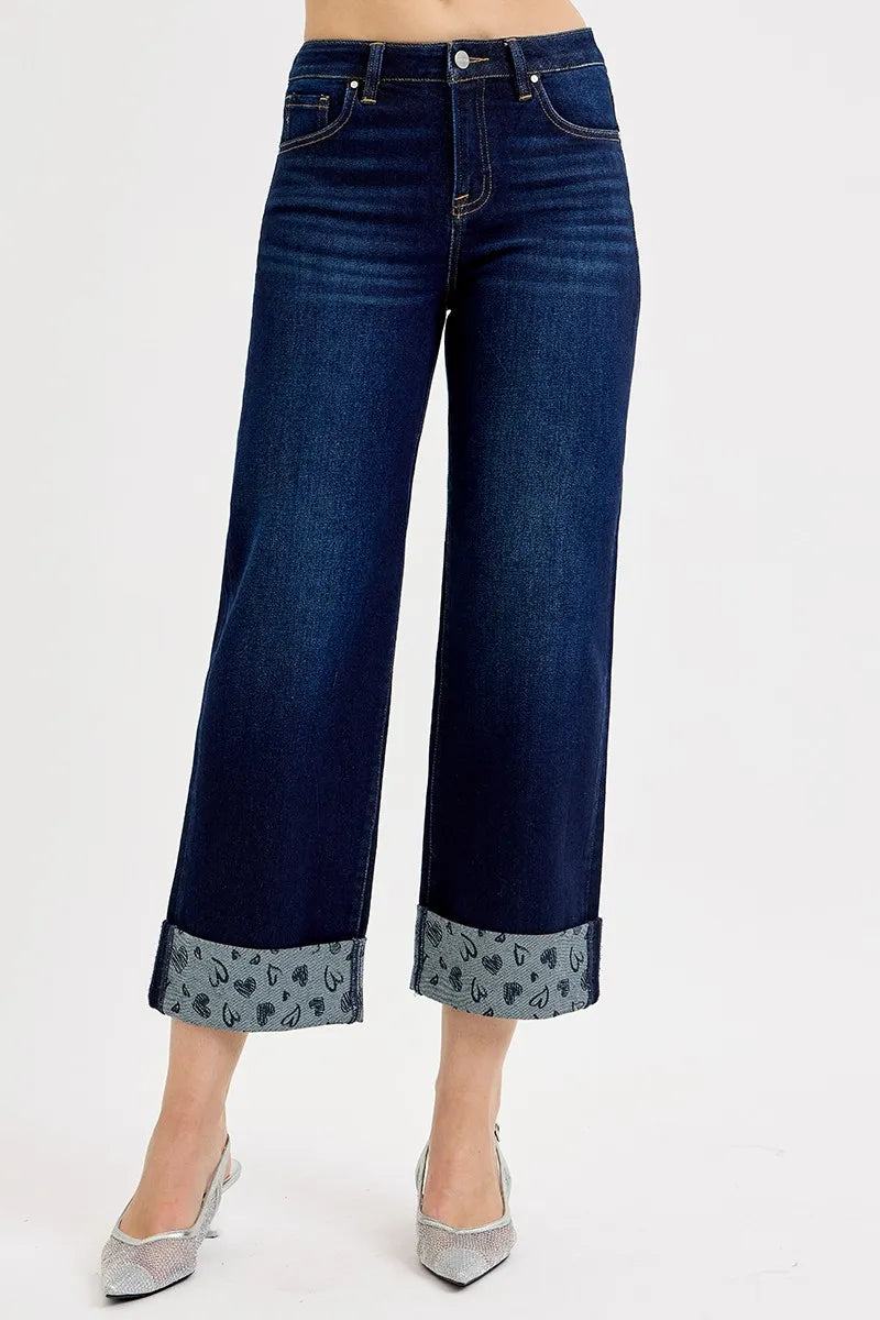 RISEN Full Size Mid Rise Fit Crop Wide With Printed Cuff Jeans Plus Size - Ladyez