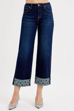 RISEN Full Size Mid Rise Fit Crop Wide With Printed Cuff Jeans Plus Size - Ladyez