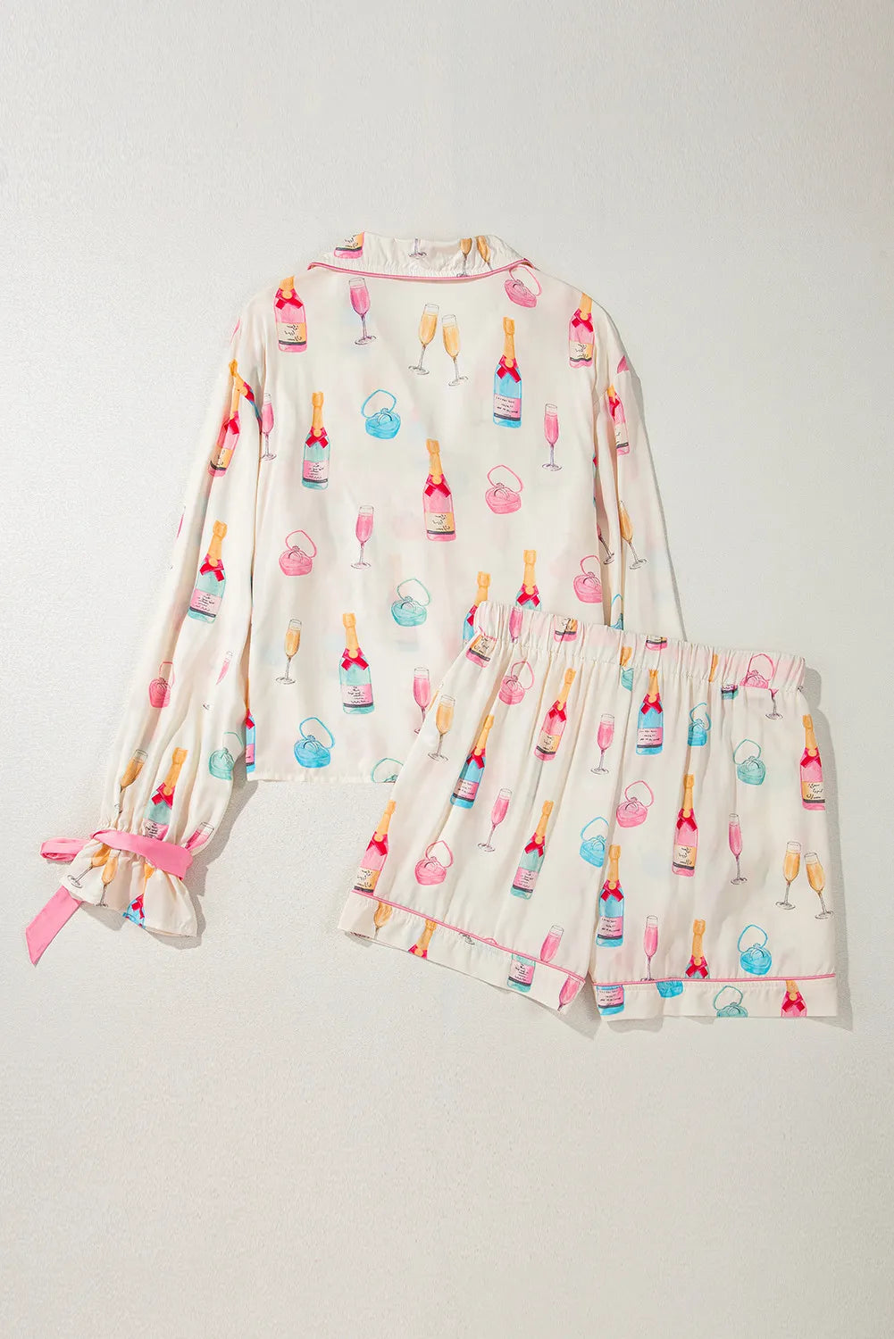 Bow Printed Collared Neck Top and Drawstring Shorts Lounge Set - Ladyez