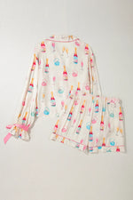 Bow Printed Collared Neck Top and Drawstring Shorts Lounge Set - Ladyez