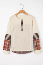 Waffle Knit Plaid Patchwork Long Sleeve Blouse