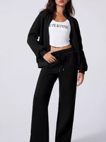 Drop Shoulder Zip Up Jacket and Drawstring Pants Active 2pcs Set