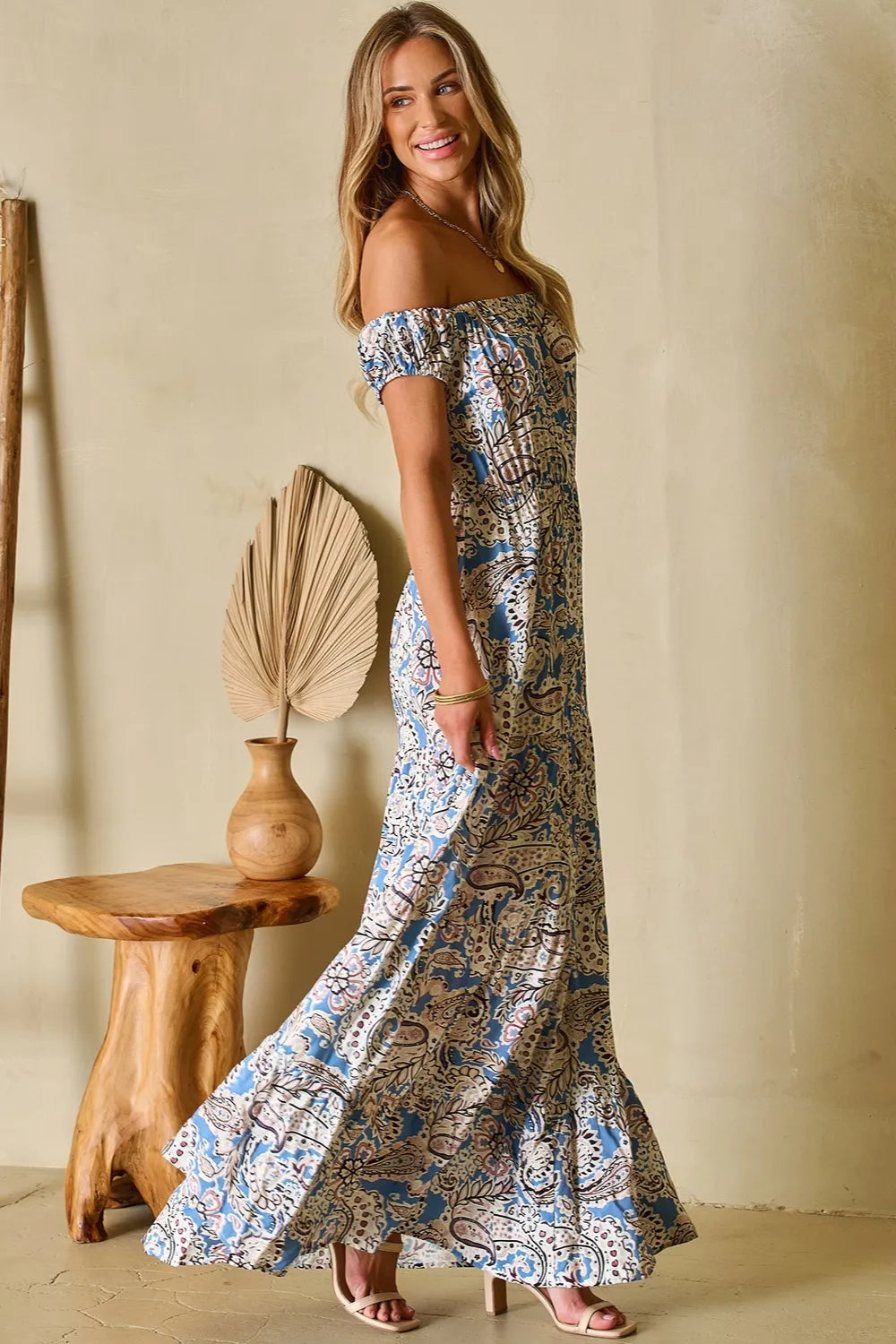 Printed Off-Shouder Short Sleeve Dress - Ladyez