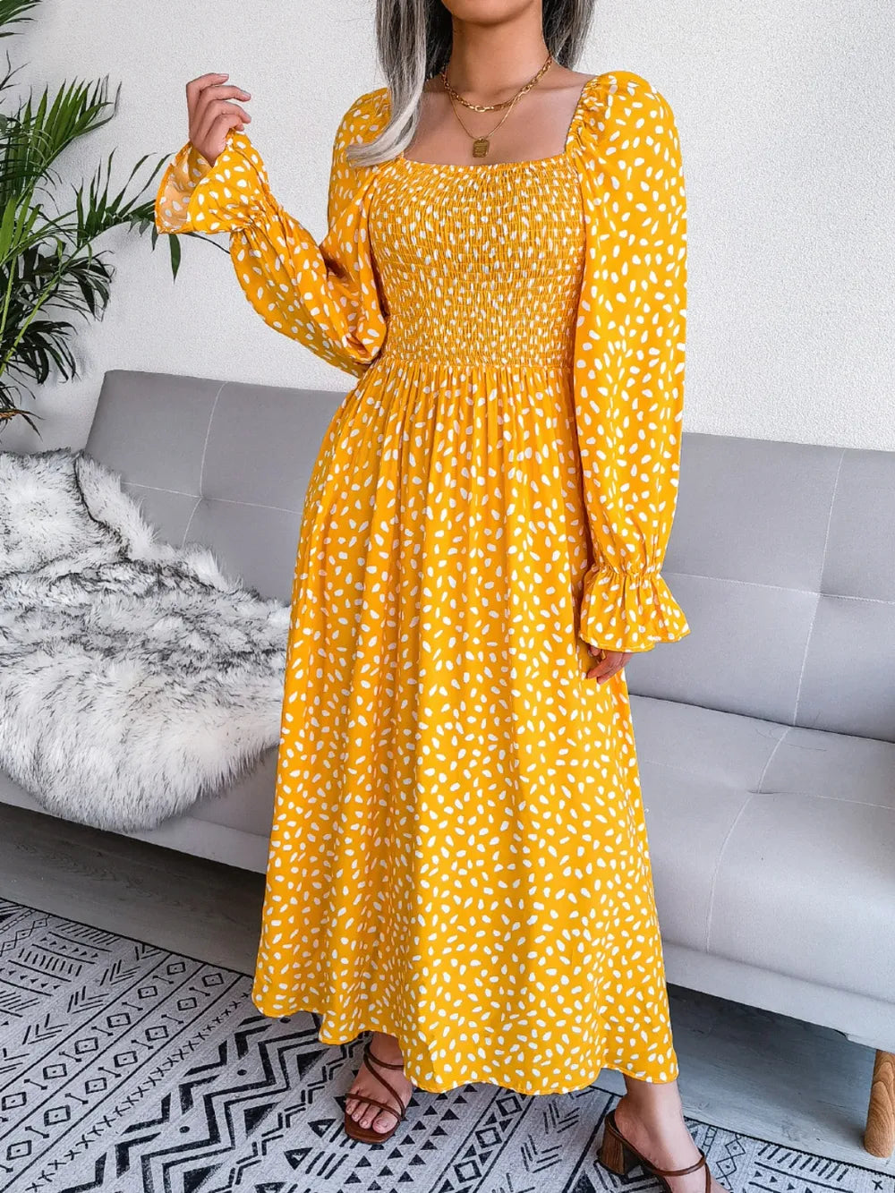 Smocked Square Neck Flounce Sleeve Dress - Ladyez