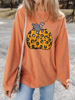 Halloween Leopard Pumpkin Patchwork Ribbed Sweatshirt
