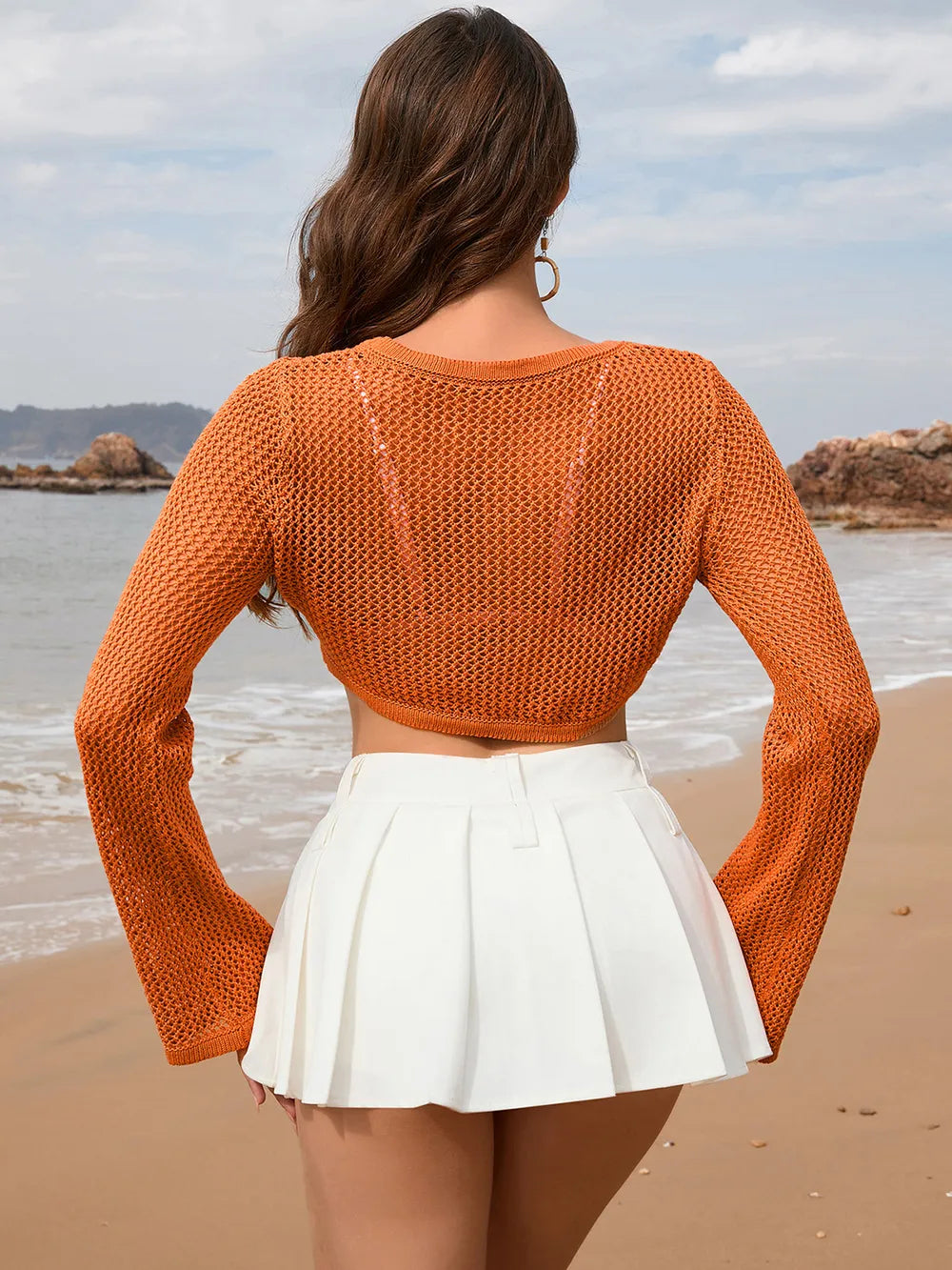 Openwork Long Sleeve Cover-Up - Ladyez