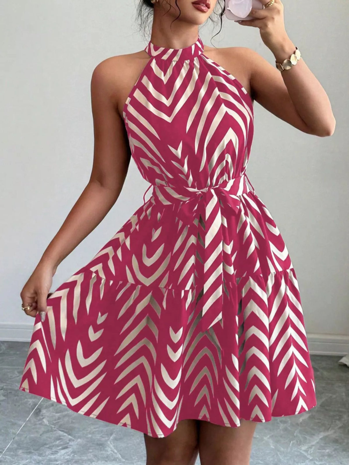 Zebra Print Halter Neck Tie Waist Ruffle Hem Dress