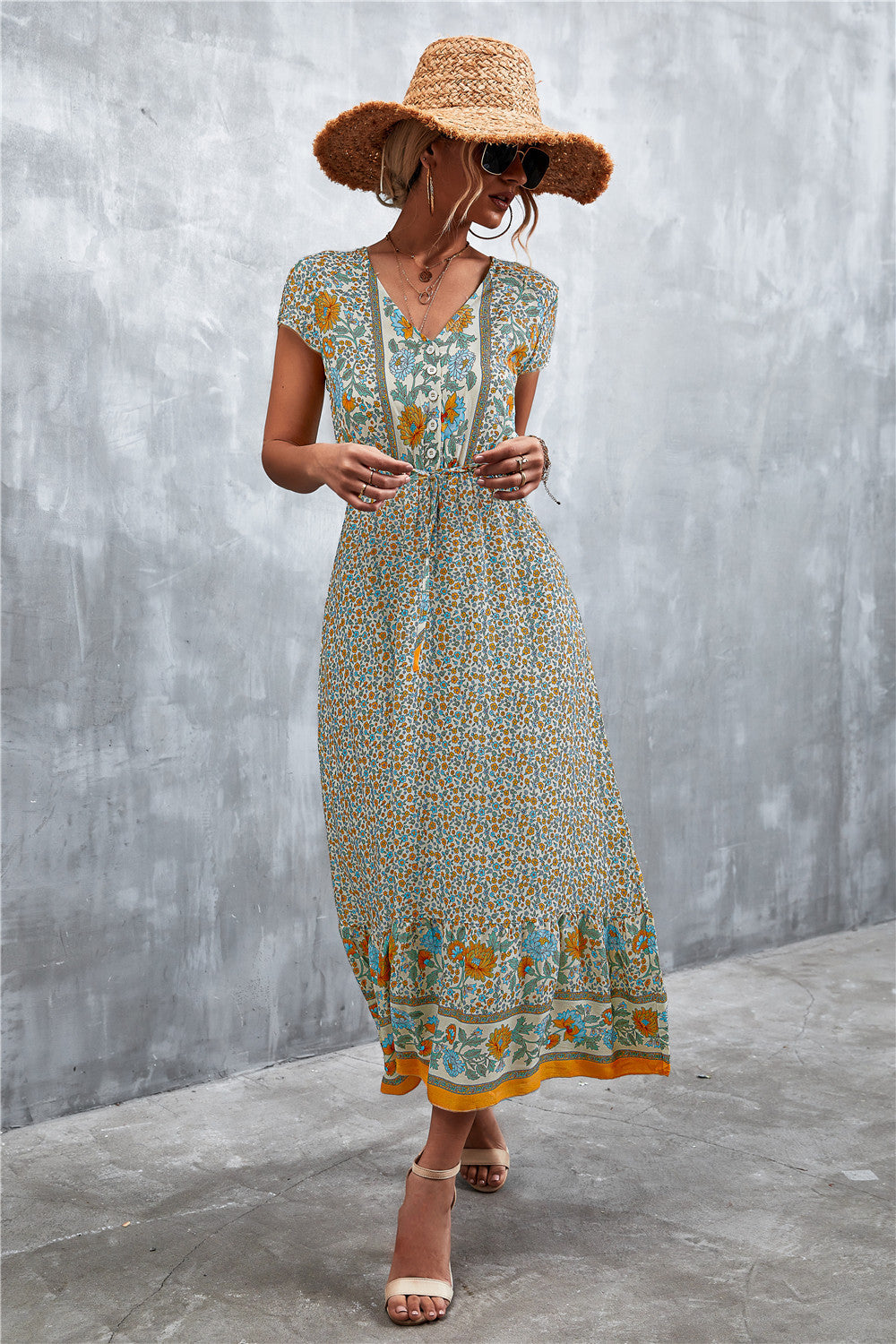 V-Neck Short Sleeve Printed Maxi Dress - Ladyez