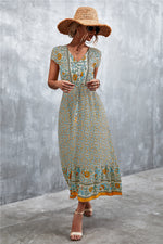 V-Neck Short Sleeve Printed Maxi Dress - Ladyez
